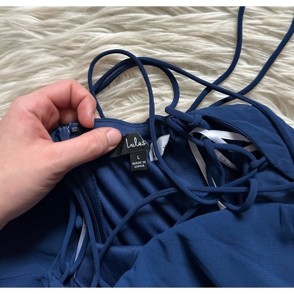LULU’S Perfected Sweetness Dark Blue Pleated Tiered Lace Up Mini Dress - Picture 5 of 6